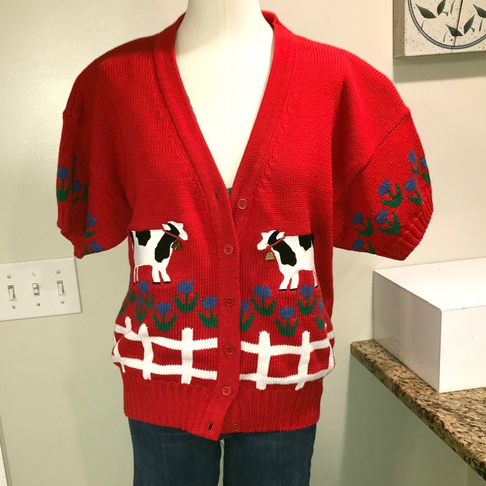 Vintage 90s Sharon Young Cows 🐄 🌺 flowers appliqué red cardigan sweater